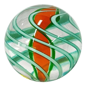 Contemporary Handmade Marble - "Green and Orange Twistback Swirl Marble"